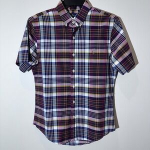 RALPH LAUREN Slim Fit‎ M Button Down Short Sleeve Plaid Multicolor Cotton Preppy